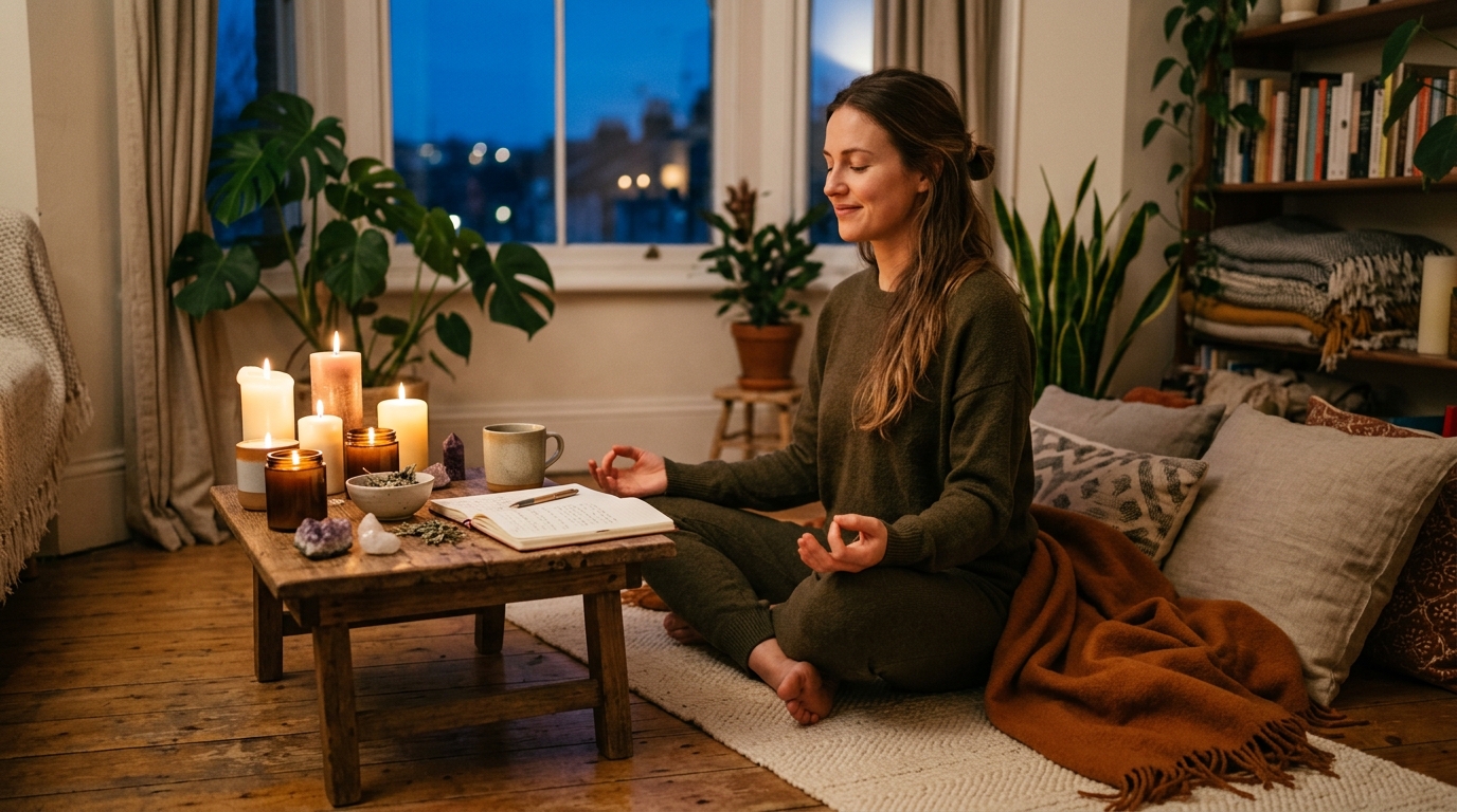 Večerní wellness rituál se svíčkou a klidnou atmosférou